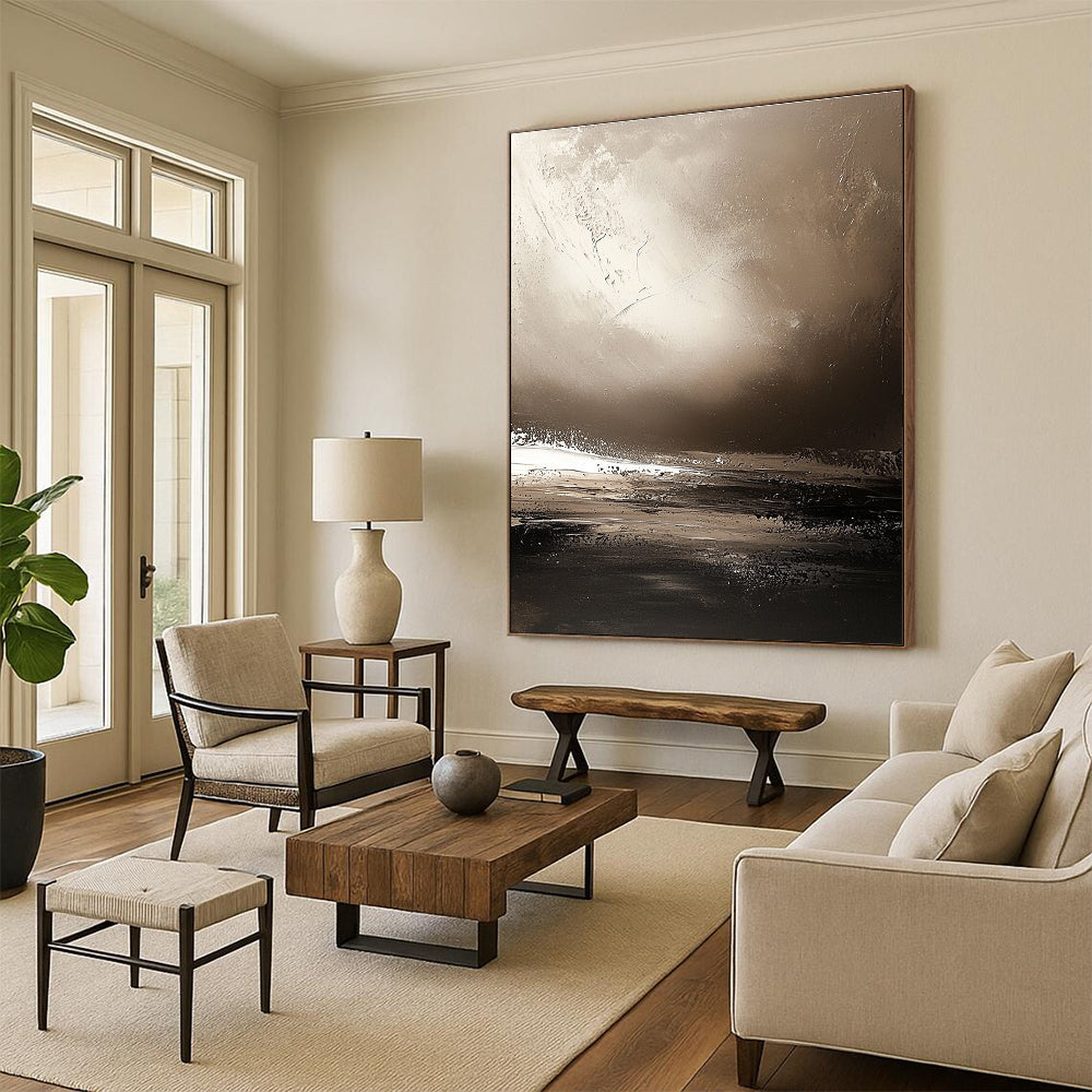 Large abstract painting showcasing Earth's horizon in sepia tones with textured brushstrokes creating a calming atmosphere and distant landscapes.STSC646