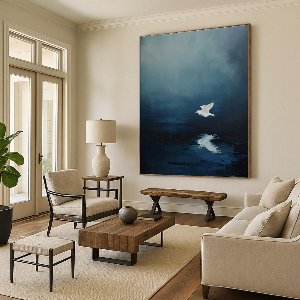 Seagull Reflection Abstract Painting with Deep Blues ADGE478