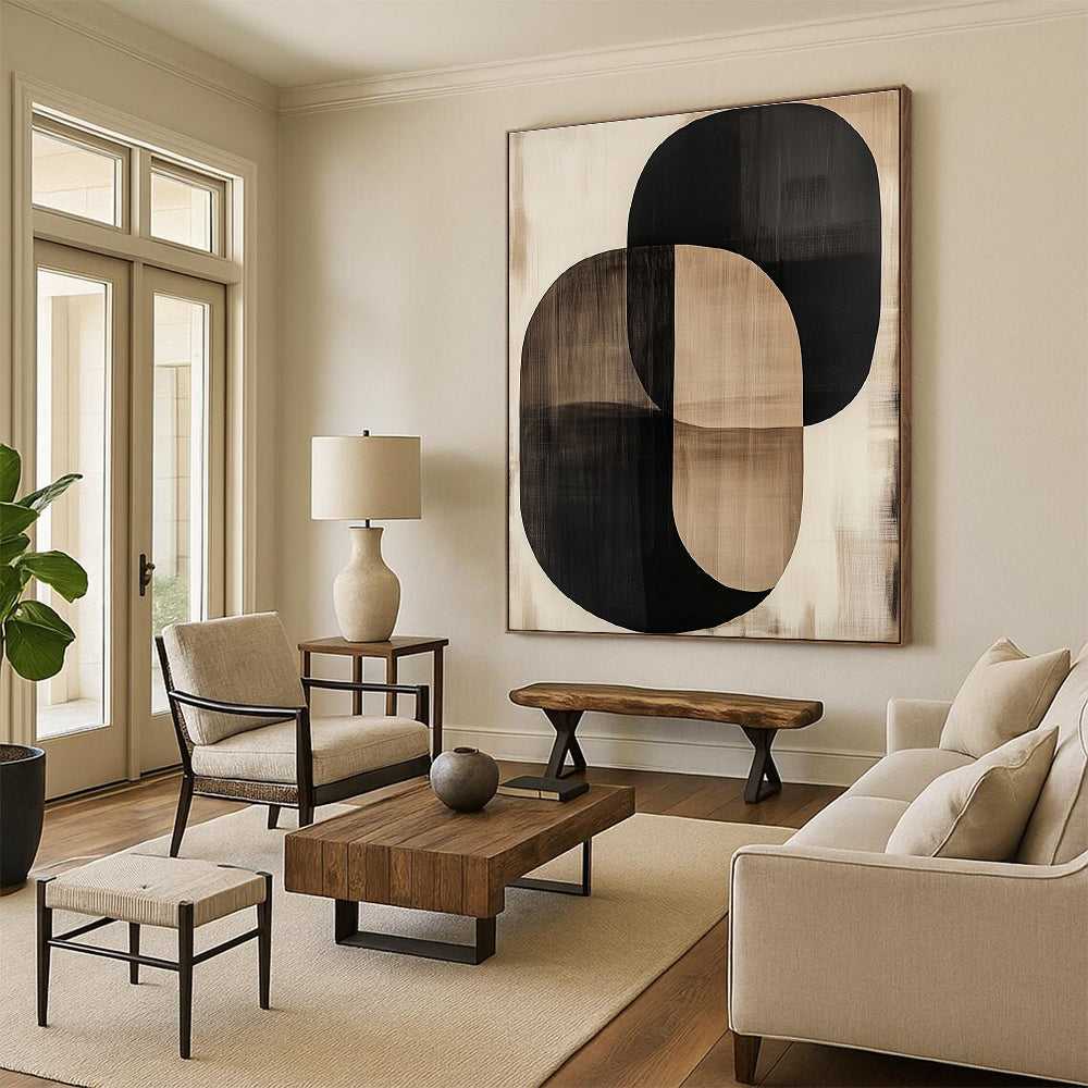 Overlapping Black and Beige Oval Abstract Art GER244