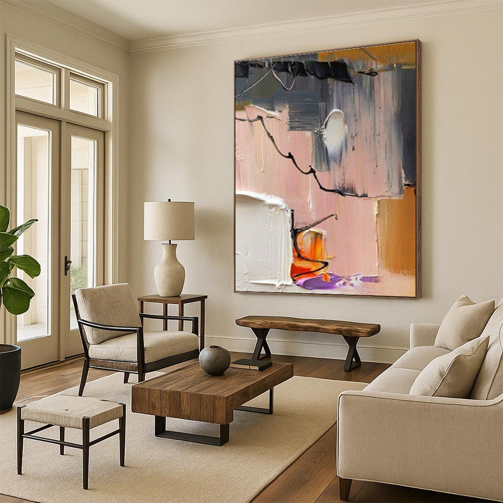 Abstract Painting with Gray Pink and Black Lines ADGE270