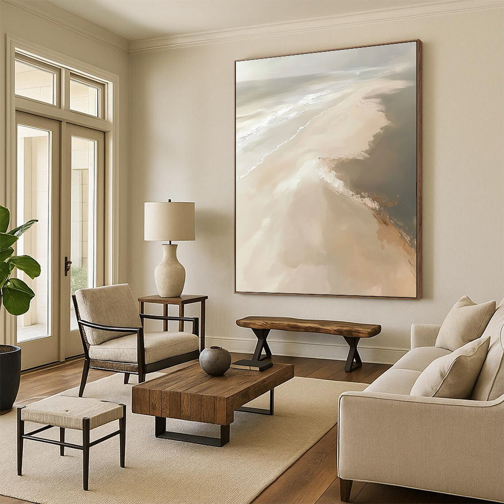 Large abstract painting depicting a sandy beach with soft tones and expressive brush strokes in a neutral color palette.STSC528