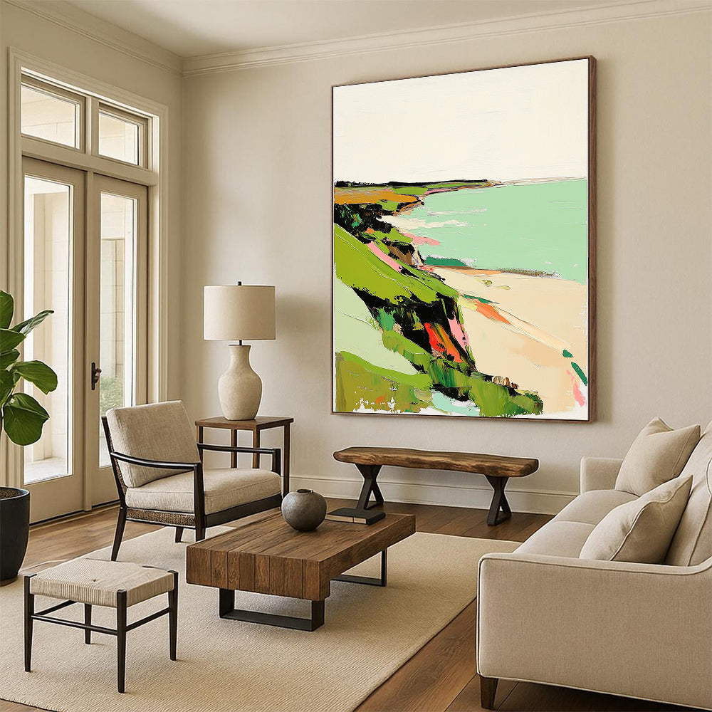 Abstract painting featuring green coastal landscape in muted tones with pink highlights textured with thick brush strokes on a white background.STSC1299