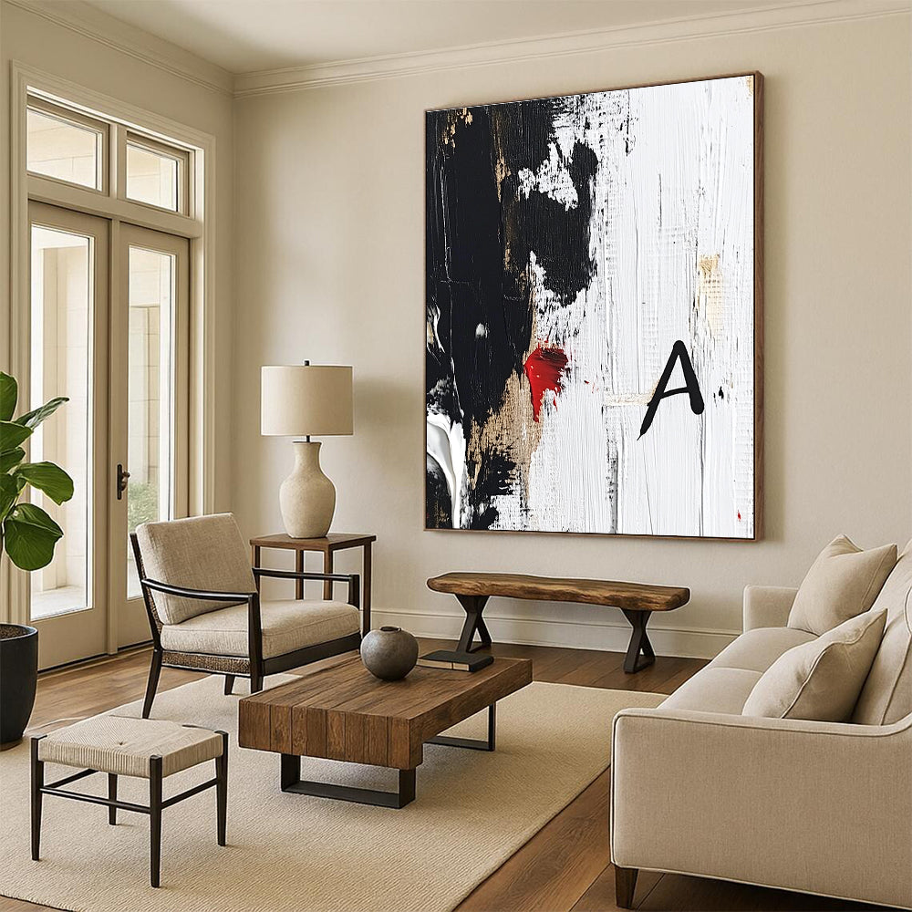 Large abstract painting in black and white with red accent showcasing thick brushstrokes and textures on a white background with signature A.STSC026