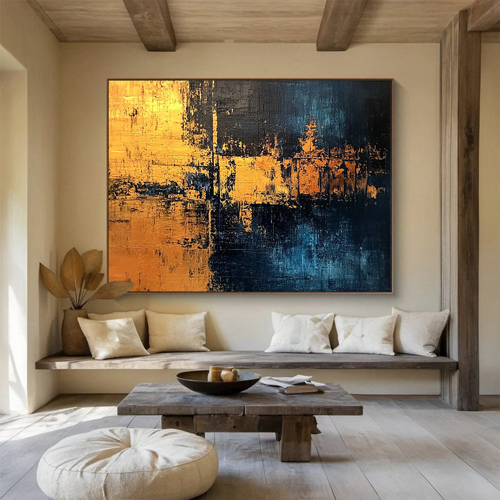Golden Night Abstract Painting with Blue and Gold Tones DYP529