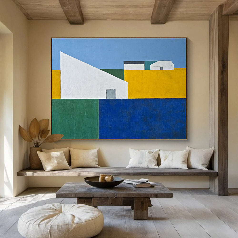 An abstract painting featuring a blue sky yellow grass green trees and a white house amidst geometric forms in minimalist style.SC511