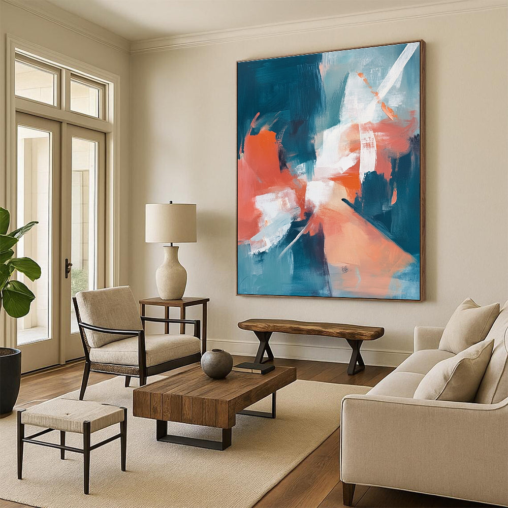 Teal and Coral Abstract Painting with Soft Textures GER641