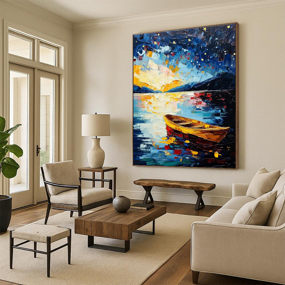 Large abstract painting of Lake Tahoe featuring a starry night sky colorful impasto brush strokes and a serene boat on the water.STSC877