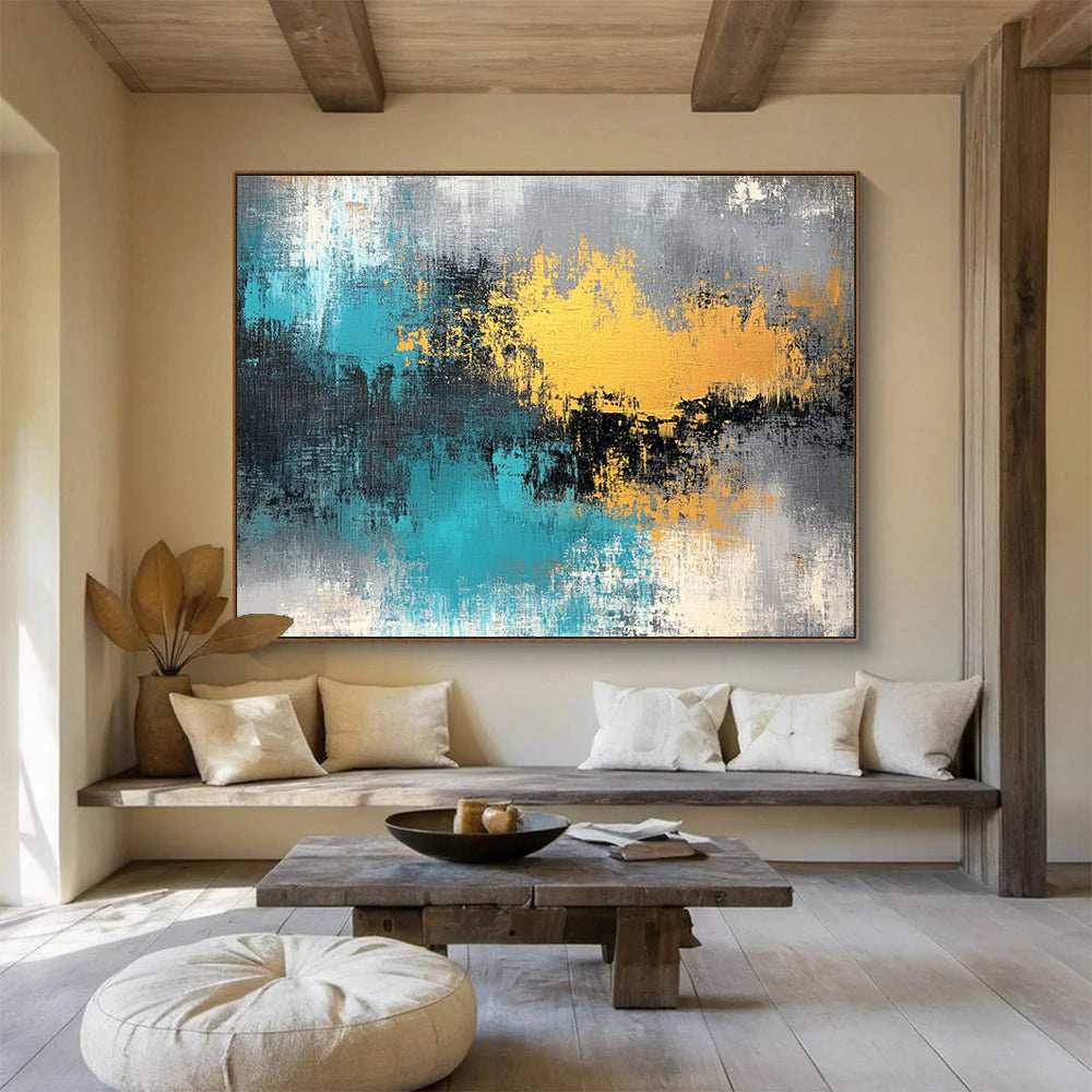 Blue and Gold Abstract Painting with Textured Brushstrokes DYP419