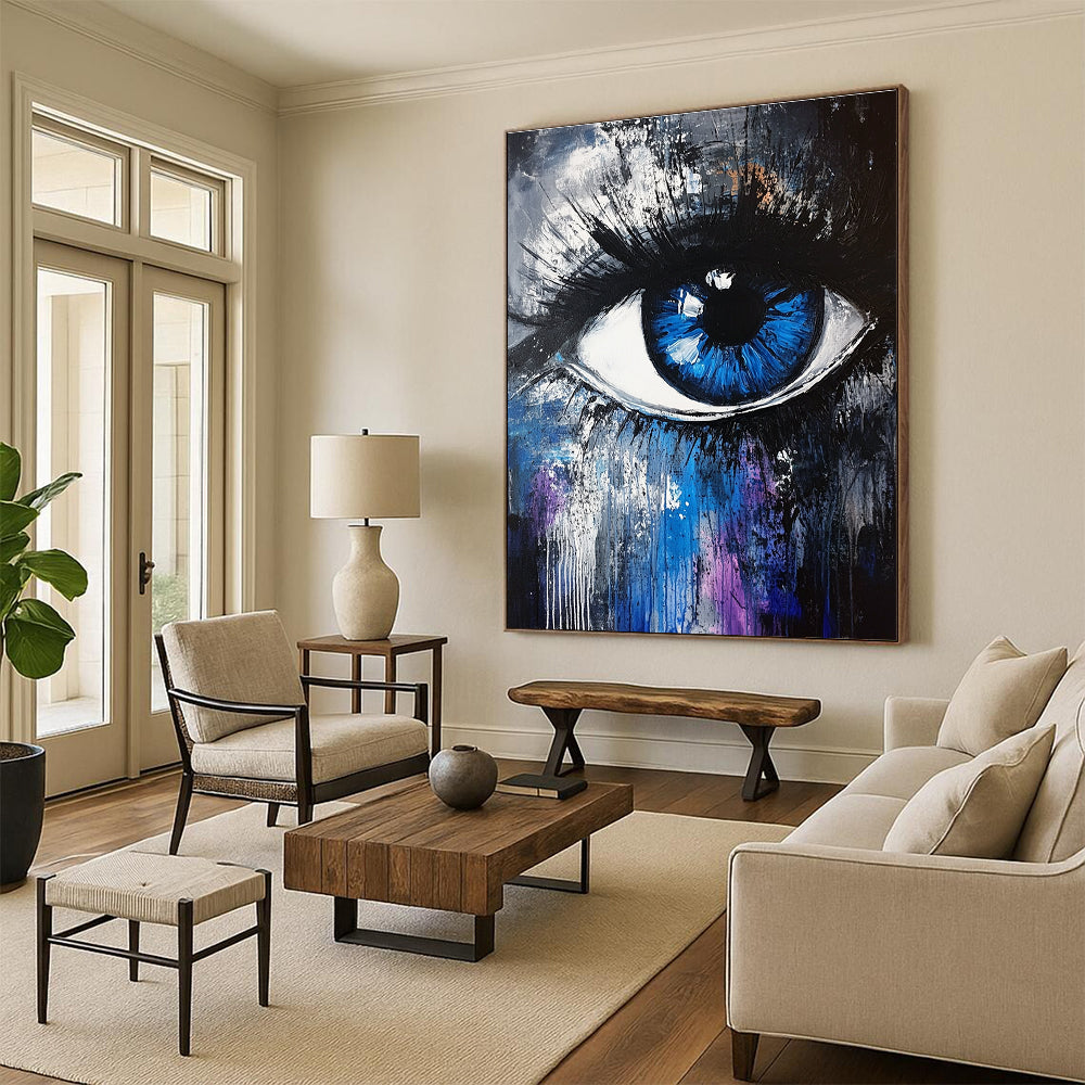 Large abstract painting featuring a blue and white iris with expressive brush strokes and a dark gray background accented by blue and purple.STSC647