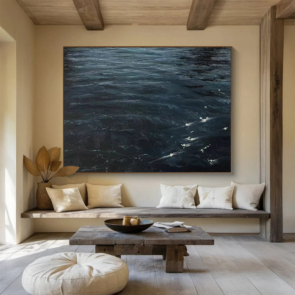 Dark Ocean Waves Abstract Painting with Deep Blue Tones THY265