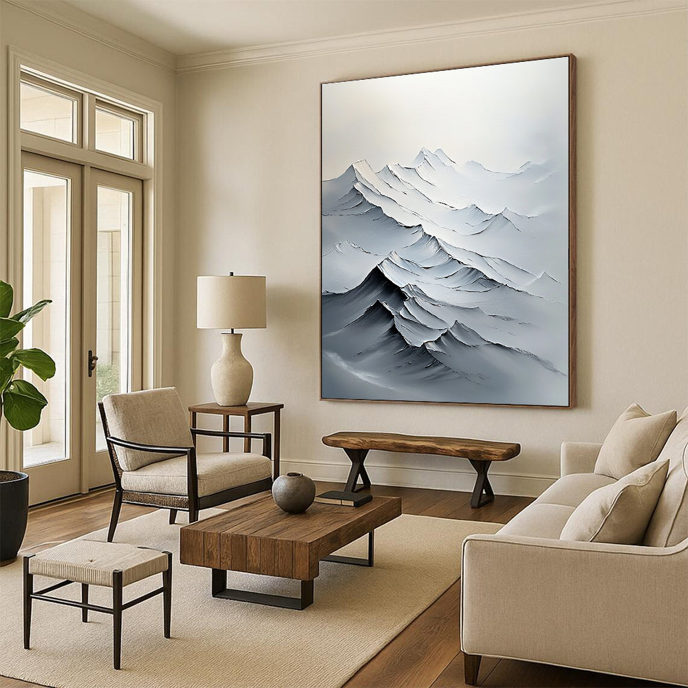 Large abstract painting featuring textured white mountains with bold brush strokes and delicate details in a minimalist composition.STSC1493
