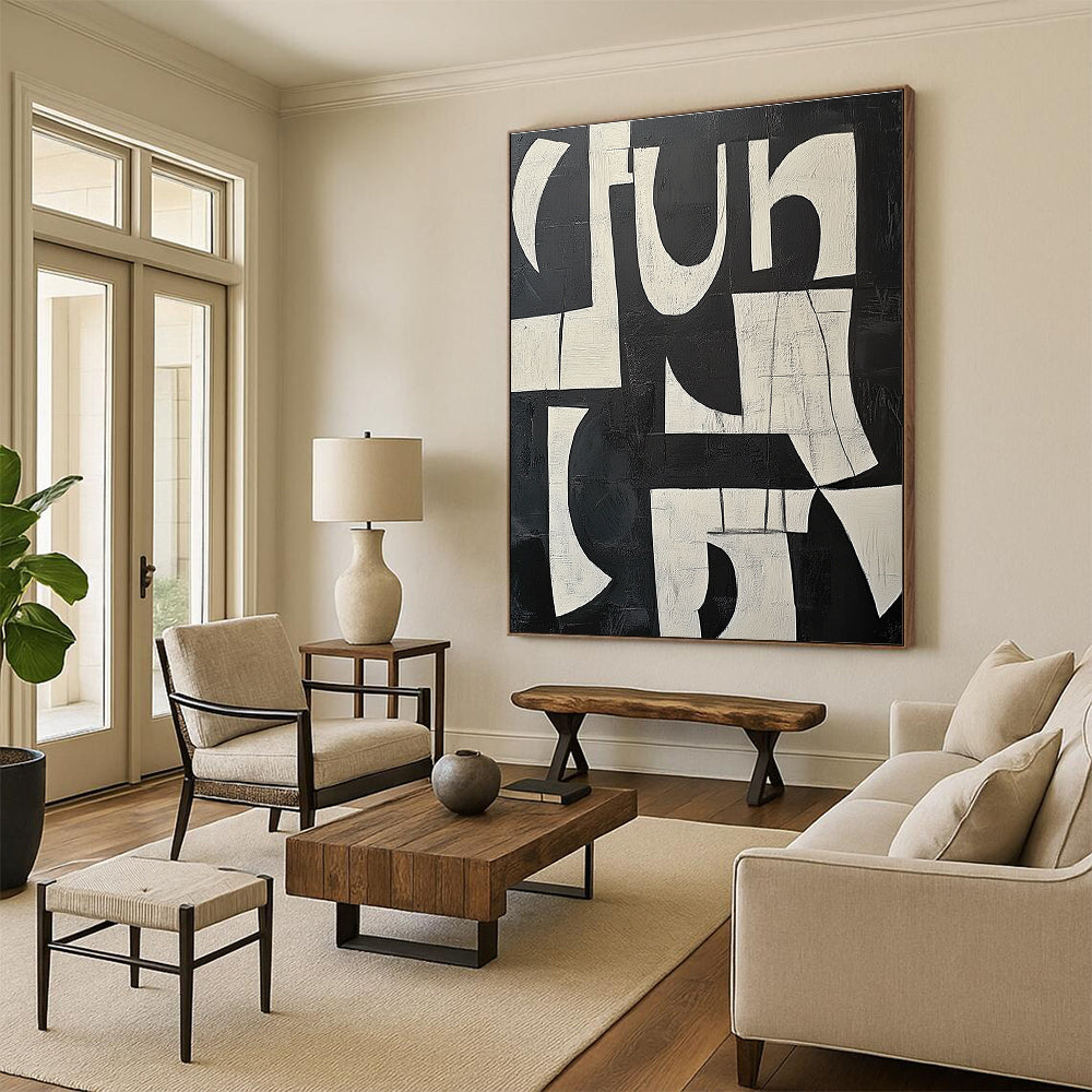 Textured Black and White Block Abstract with Layered Shapes GER239