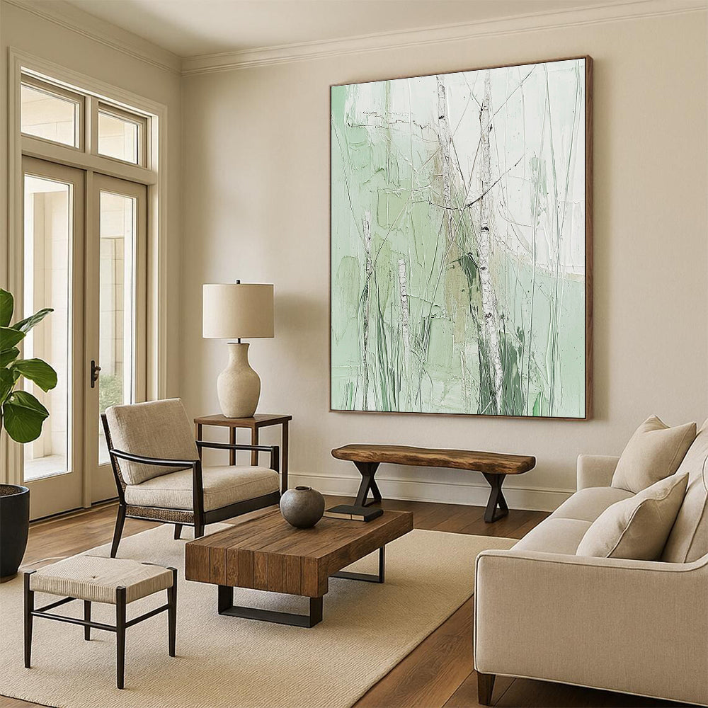 Large abstract painting featuring birch trees and grass in soft greens on a white background with fine details and impasto texture in neutral colors.STSC300