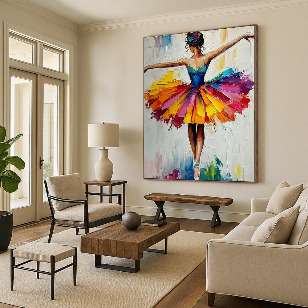 Large abstract painting of a ballerina in a colorful tutu with vibrant brush strokes and palette knife techniques against a white background.STSC156