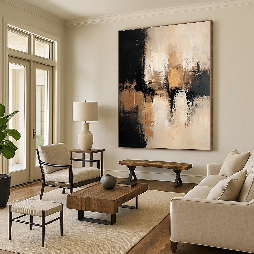 Large abstract painting featuring neutral tones with black beige and white depicting an urban landscape with dark brown and gold accents.STSC775