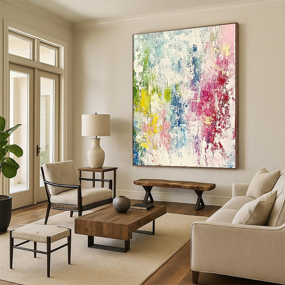 Large abstract painting with pastel colors featuring expressive brushstrokes and fine lines, creating a dynamic sense of movement and depth.STSC581