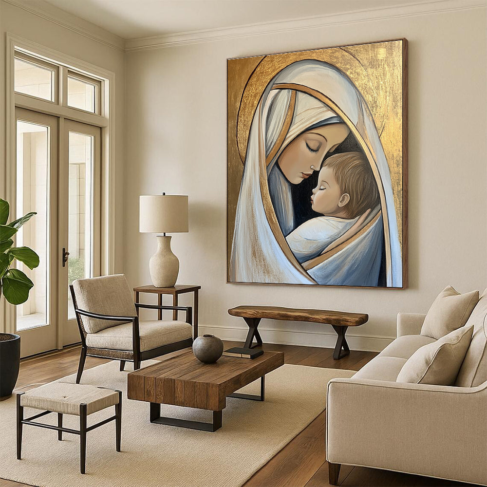Large abstract artwork of Mary and Jesus in pastel tones on a gold leaf background conveying deep emotional connection and serene beauty.STSC1434