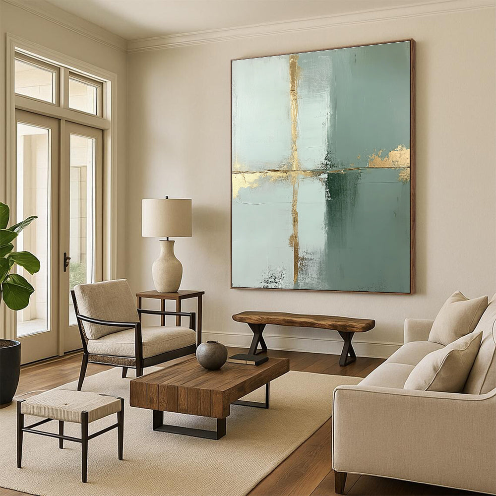 Large abstract painting featuring pale green and white blocks accented with thin gold lines and gold foil accents in a minimalist style.STSC428