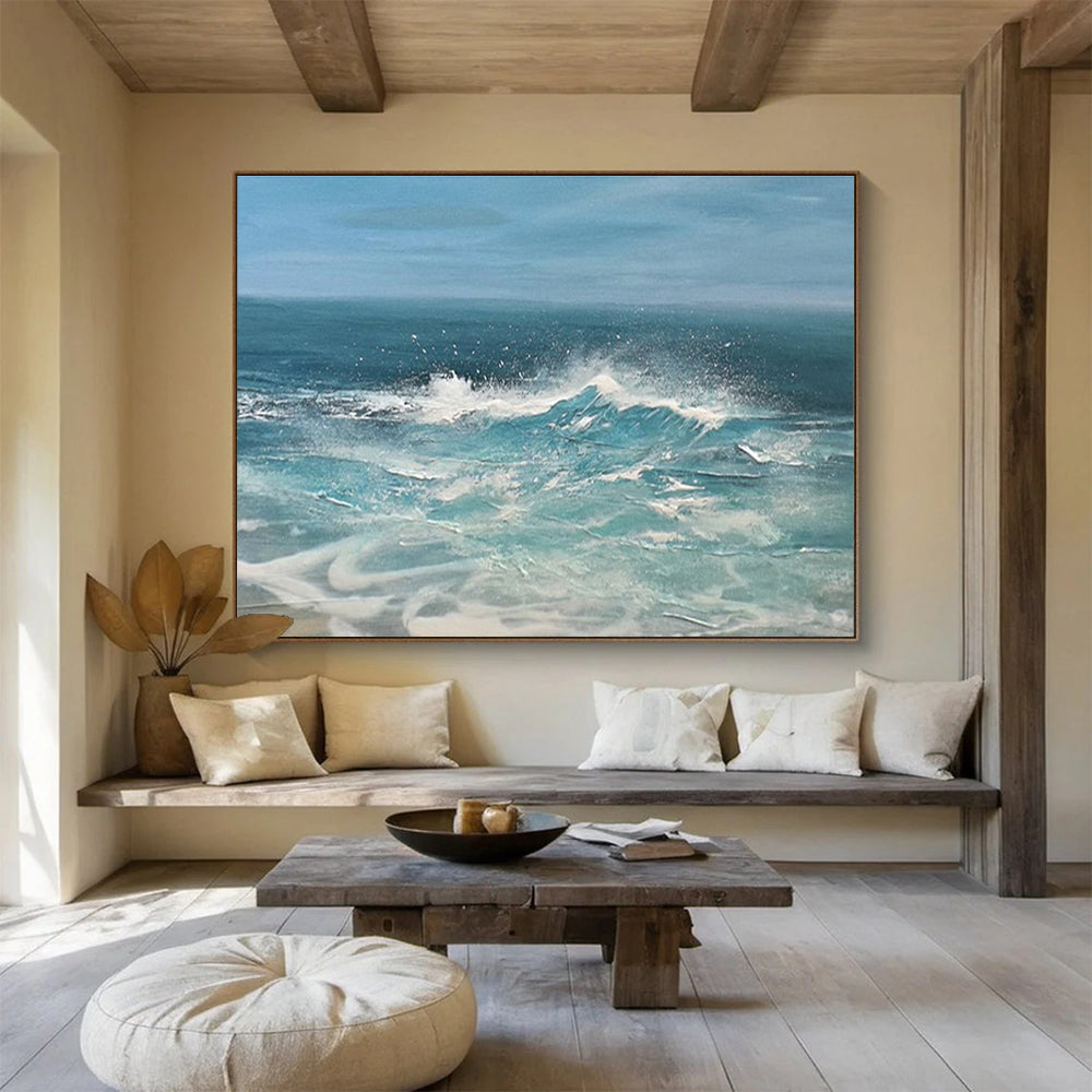 Blue White Crashing Waves Sea Abstract Painting THY024