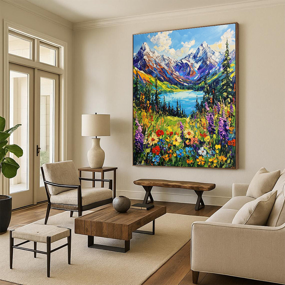 A large abstract painting capturing snow-capped mountains vibrant wildflowers and a serene blue lake in British Columbia's lush landscape in impressionistic style.STSC1225