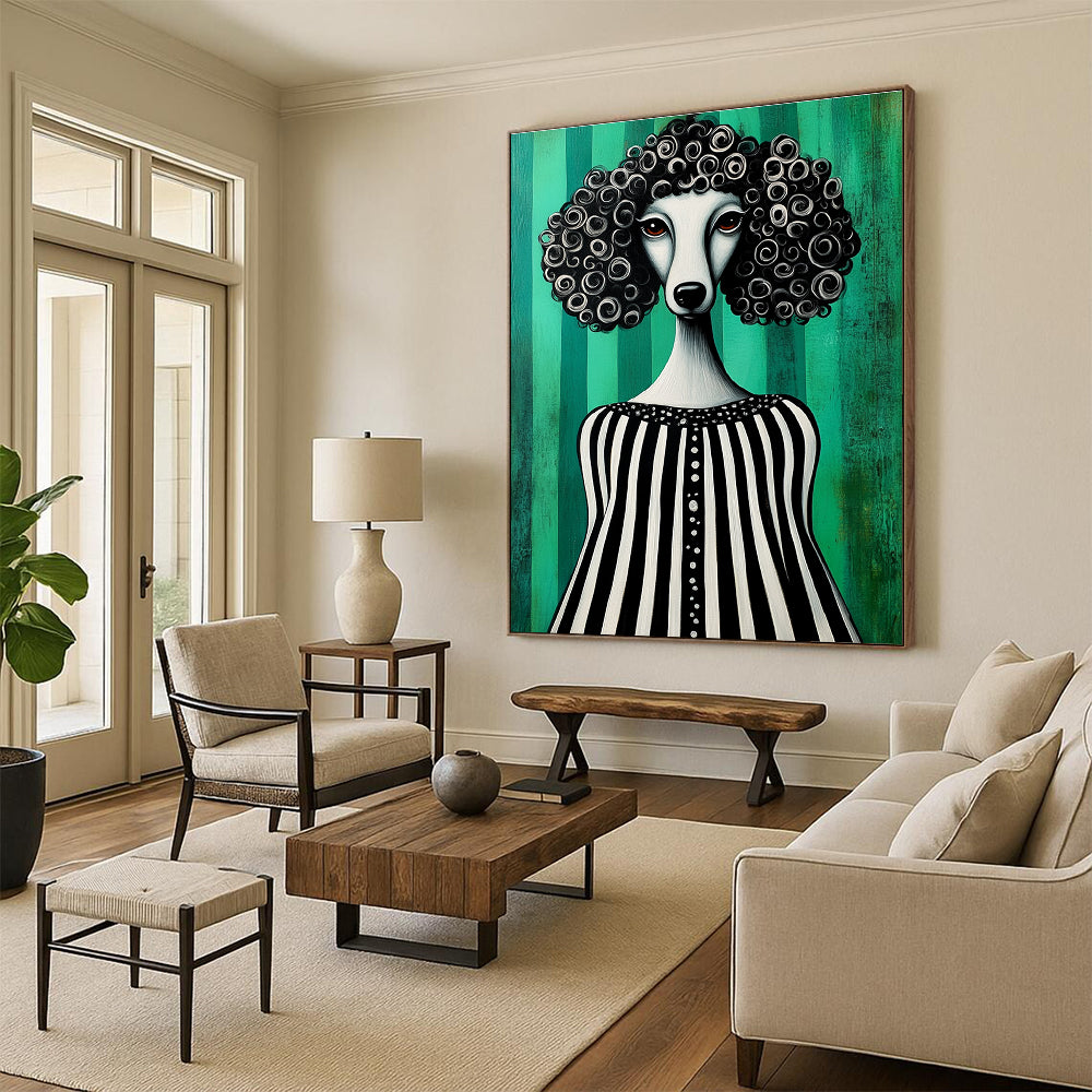 A whimsical folk art painting featuring a poodle in a black and white striped dress against a vibrant green background.STSC1001