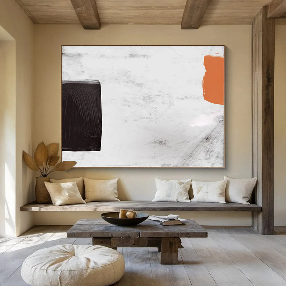 Minimalist Color Block Abstract Painting with Black, White, and Orange THY146