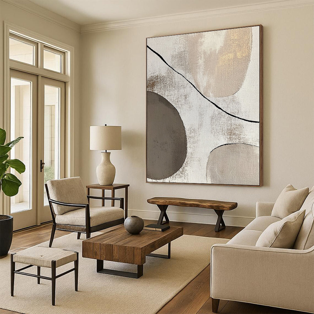 Beige and Gray Abstract Painting with Simple Shapes GER047