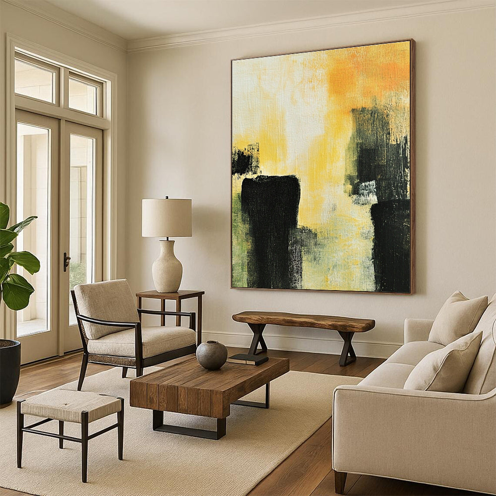 Yellow and Black Abstract Painting with Bold Forms GER433