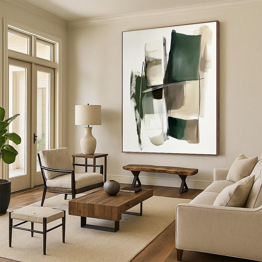 Green and Beige Abstract Painting with Geometric Shapes GER560