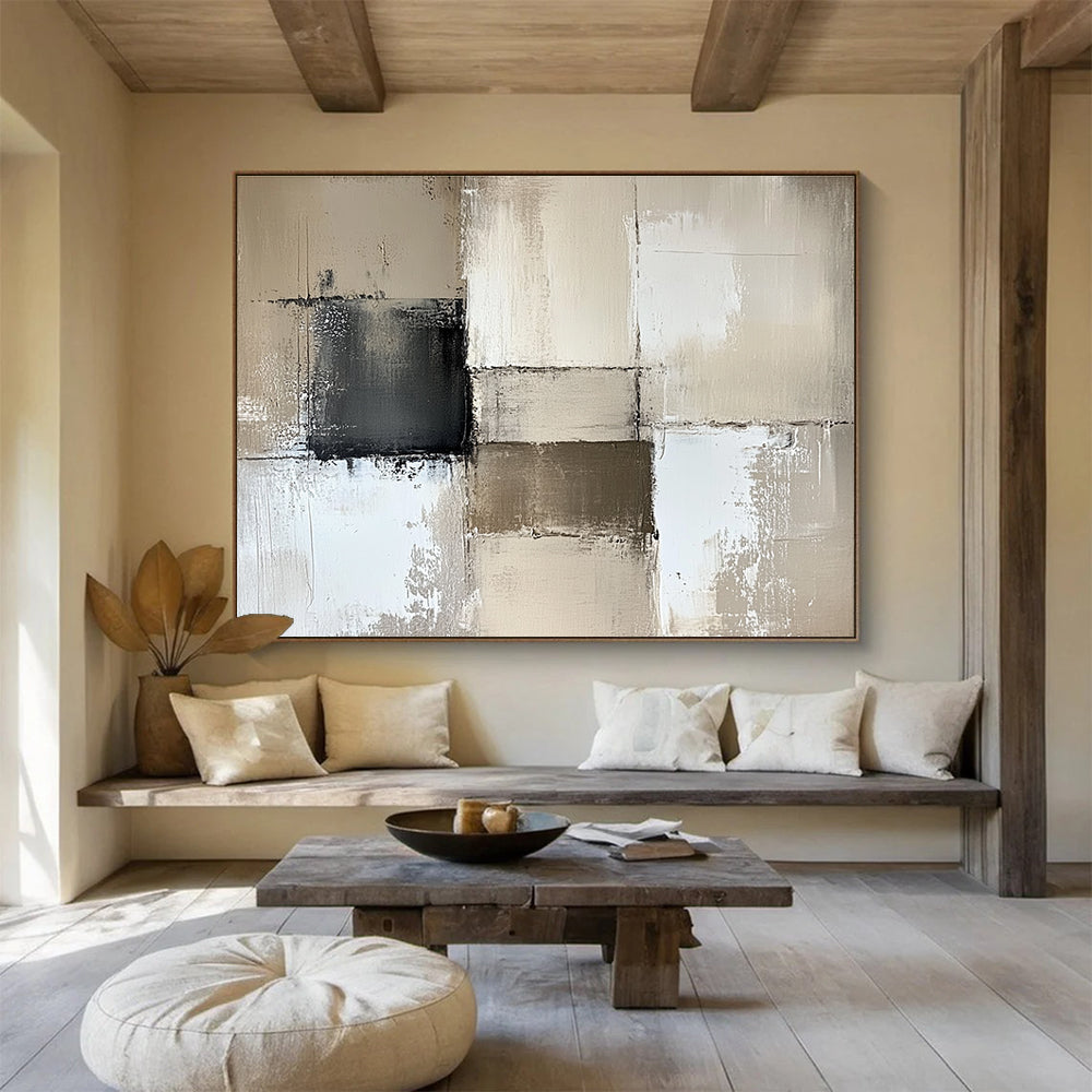 Large abstract painting in beige and white with textured brush strokes and gray accents, perfect for enhancing neutral wall decor.SC369