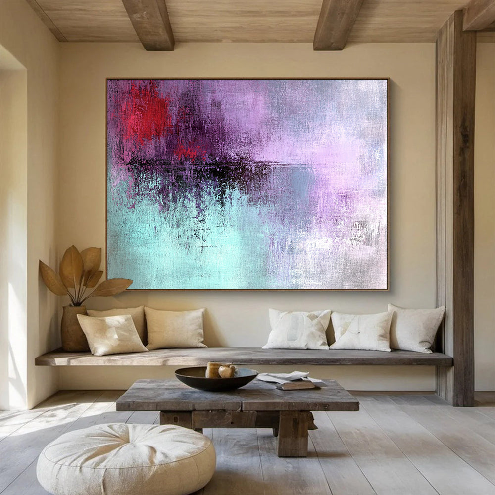 Large abstract painting with grunge texture in light purple and teal featuring dark red details for an emotional expression.SC221