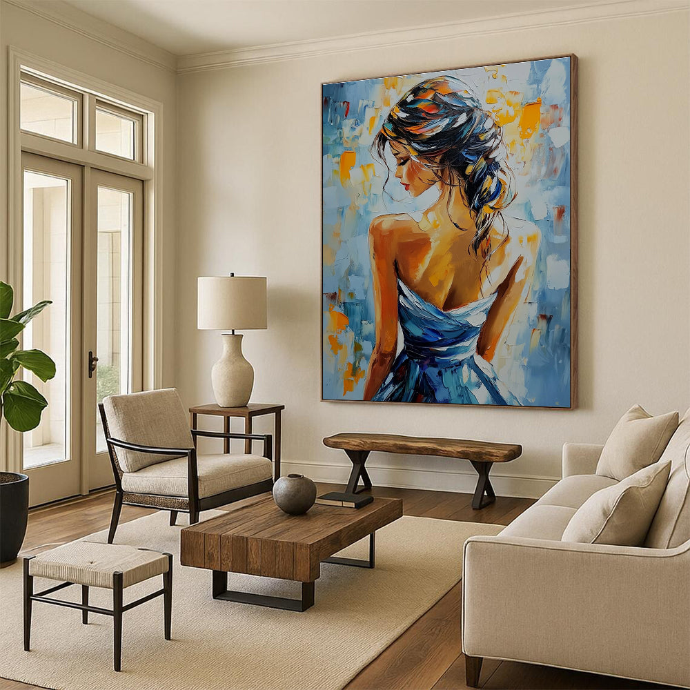 A large abstract painting featuring a woman in an elegant dress with vibrant colors and rich texture, capturing beauty and grace.STSC903