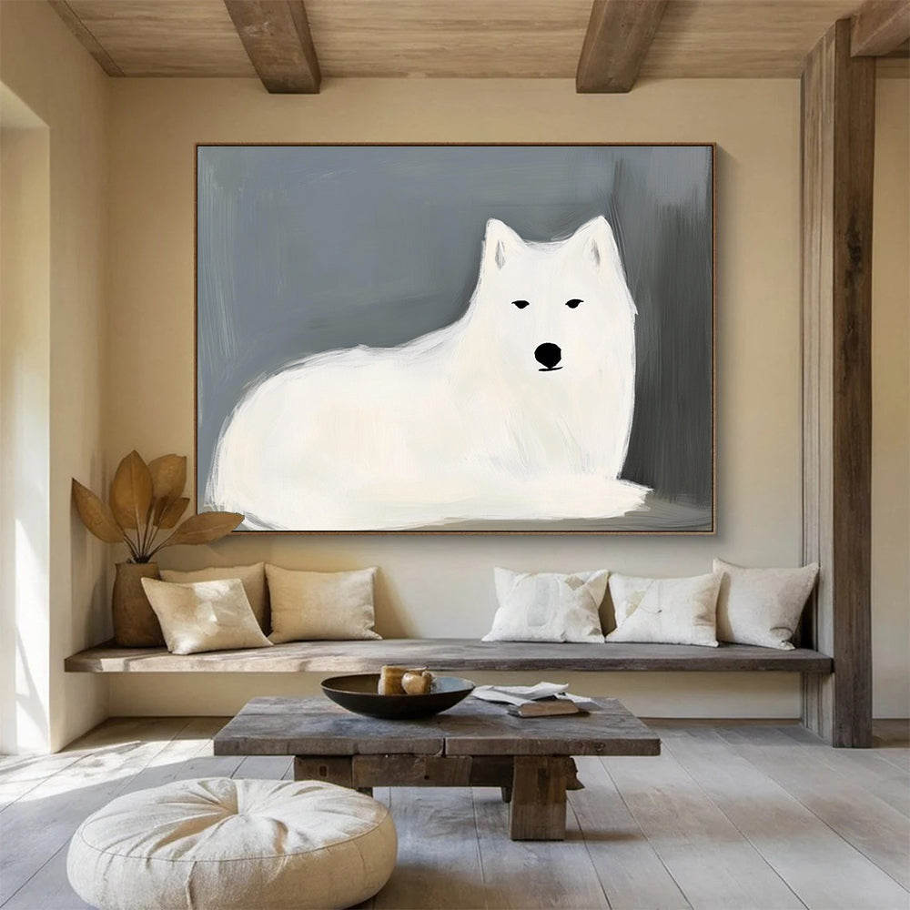Abstract painting of a white wolf by Maud Lewis featuring simple lines and advanced color matching on a dark gray and light blue background.SC572