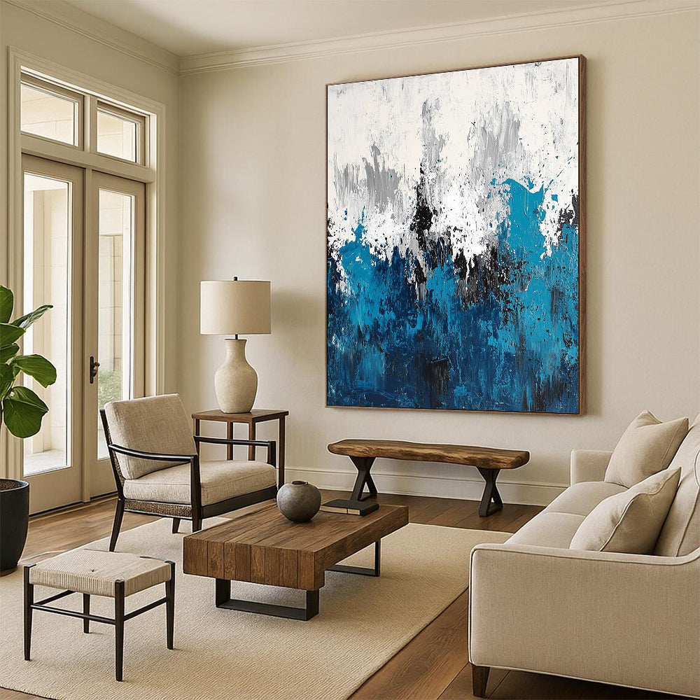 Blue and White Abstract Painting with Textured Layers GER572