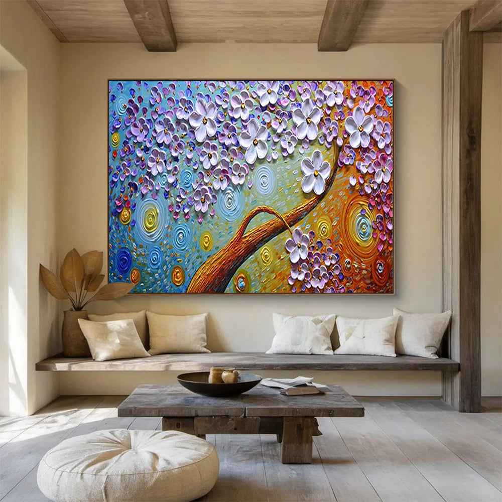 Starry Flower Tree Abstract Painting with Purple, Blue, and Gold Tones THY217