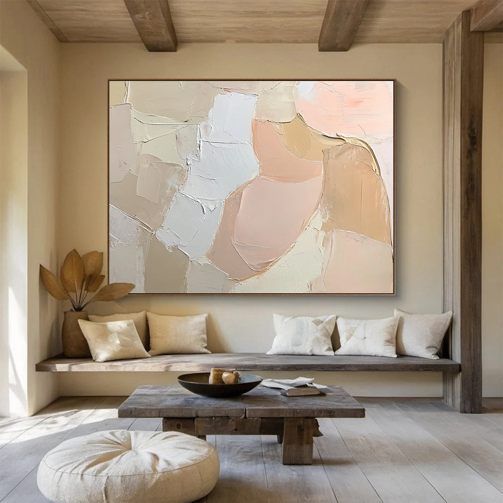 Large abstract painting featuring soft pink tones and textured brush strokes, presenting a free-flowing form of an abstract woman against a neutral background.SC103