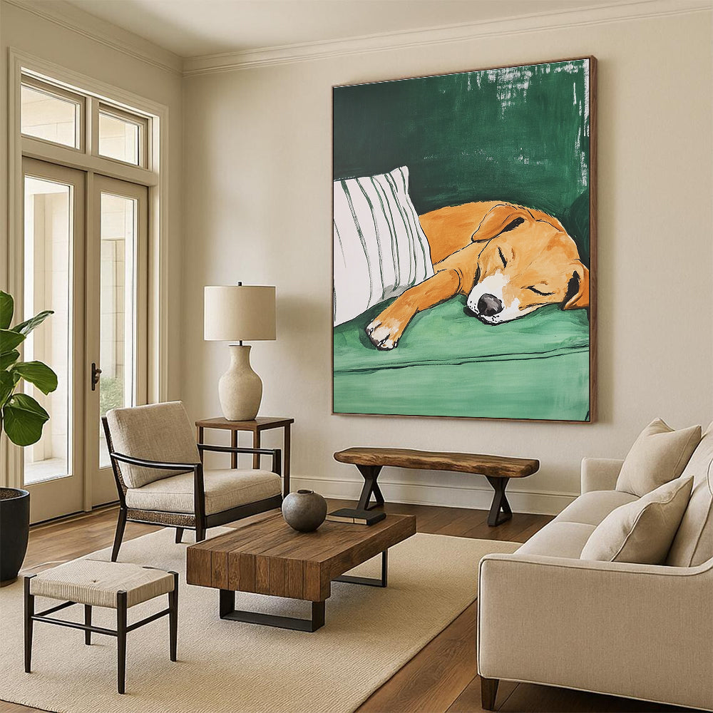 A large abstract painting featuring an amber dog sleeping on a green couch with a striped pillow showcasing visible brush strokes and textured effects.STSC1188