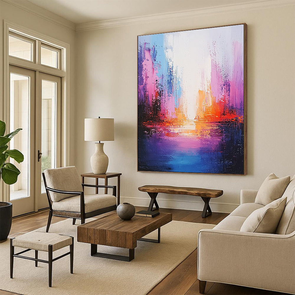 Large abstract painting of an ocean in light purple and pink with a tall illuminated building creating a soothing ethereal atmosphere.STSC264