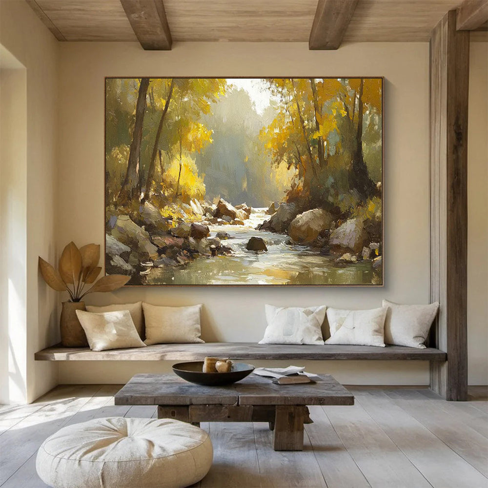 Autumn River Abstract Painting with Warm, Golden Tones THY412