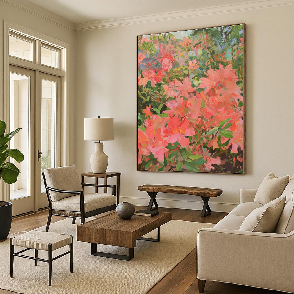 Pink Blossom Abstract Painting with Lush Greenery ADGE433