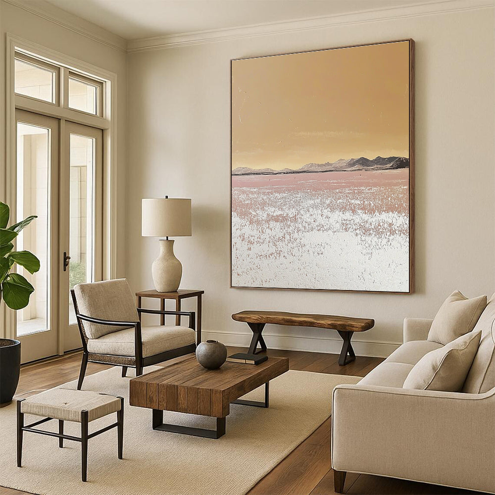 Large abstract painting depicting a serene desert landscape with pastel tones and a textured surface showcasing an endless sea of salt crystals.STSC979