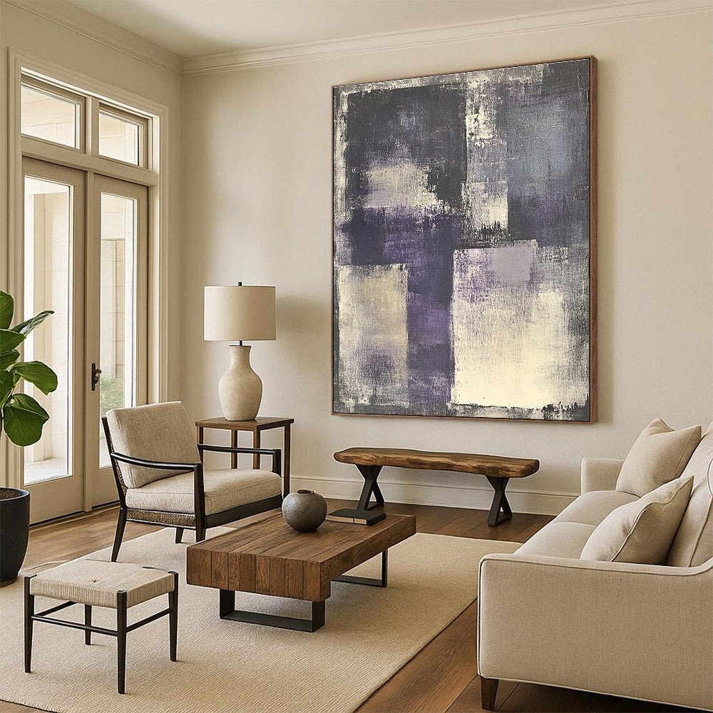 Large abstract painting of gray and purple with white accents featuring a vintage urban landscape and a central figure wearing headphones.STSC682