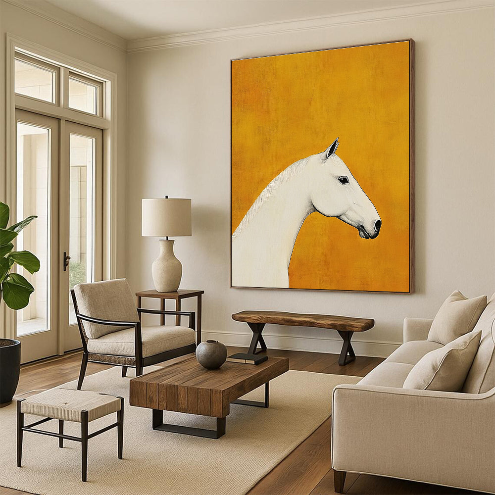 A large abstract painting featuring a white horse's head and neck profile on a mustard yellow background with soft lighting highlighting its silhouette.STSC1090