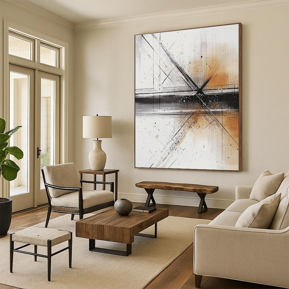 Large abstract painting with fluid lines and shapes in light gray dark beige and subtle amber tones featuring ink washes and soft atmospheric effects.STSC321