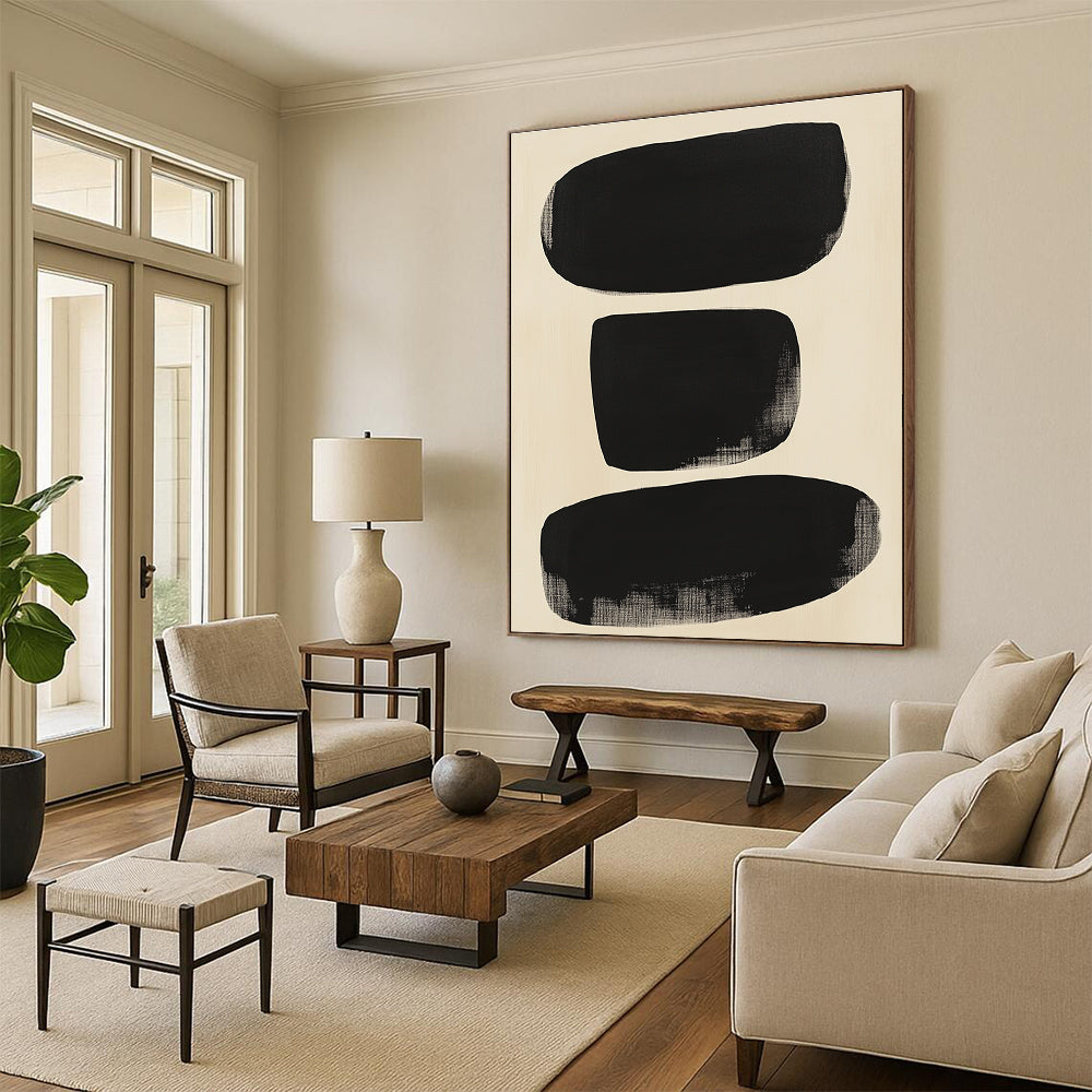 Black and Beige Abstract Painting with Large Black Organic Shapes GER189