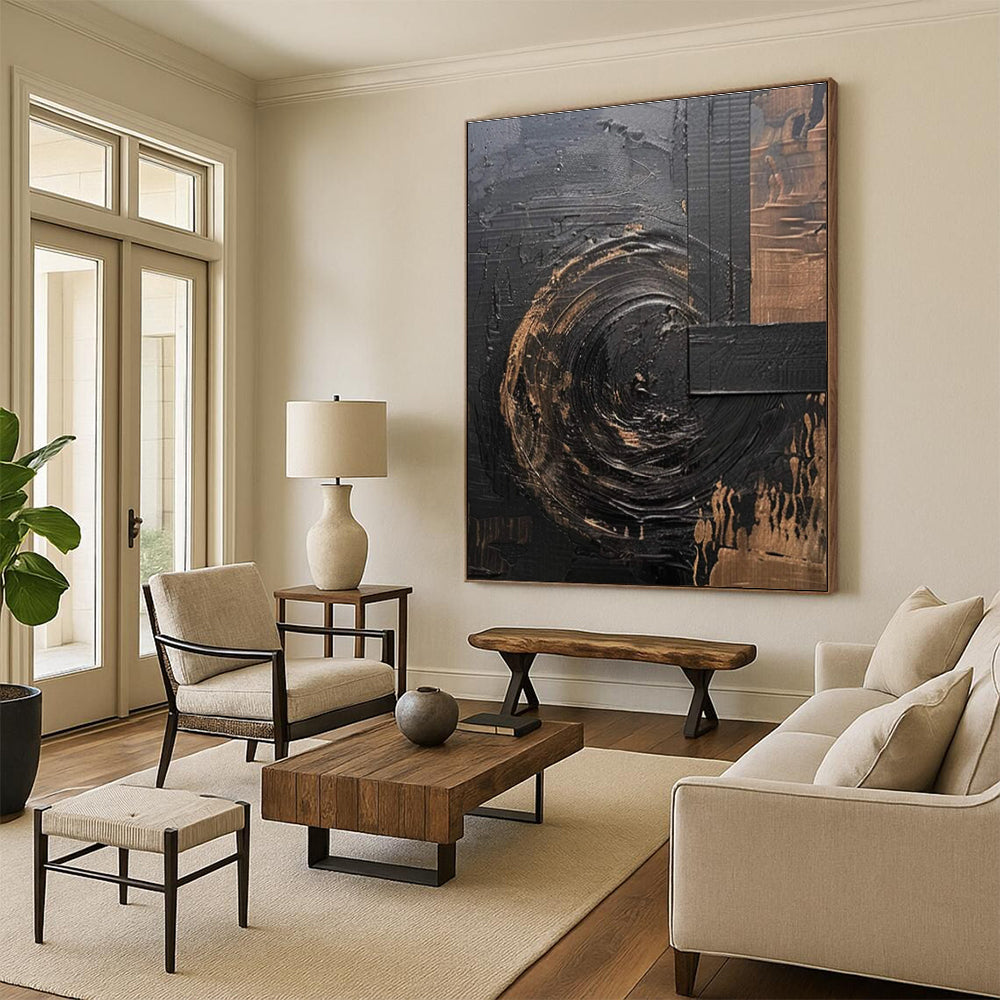 Black - Gold Abstract Painting with Swirling Textures ADGE476