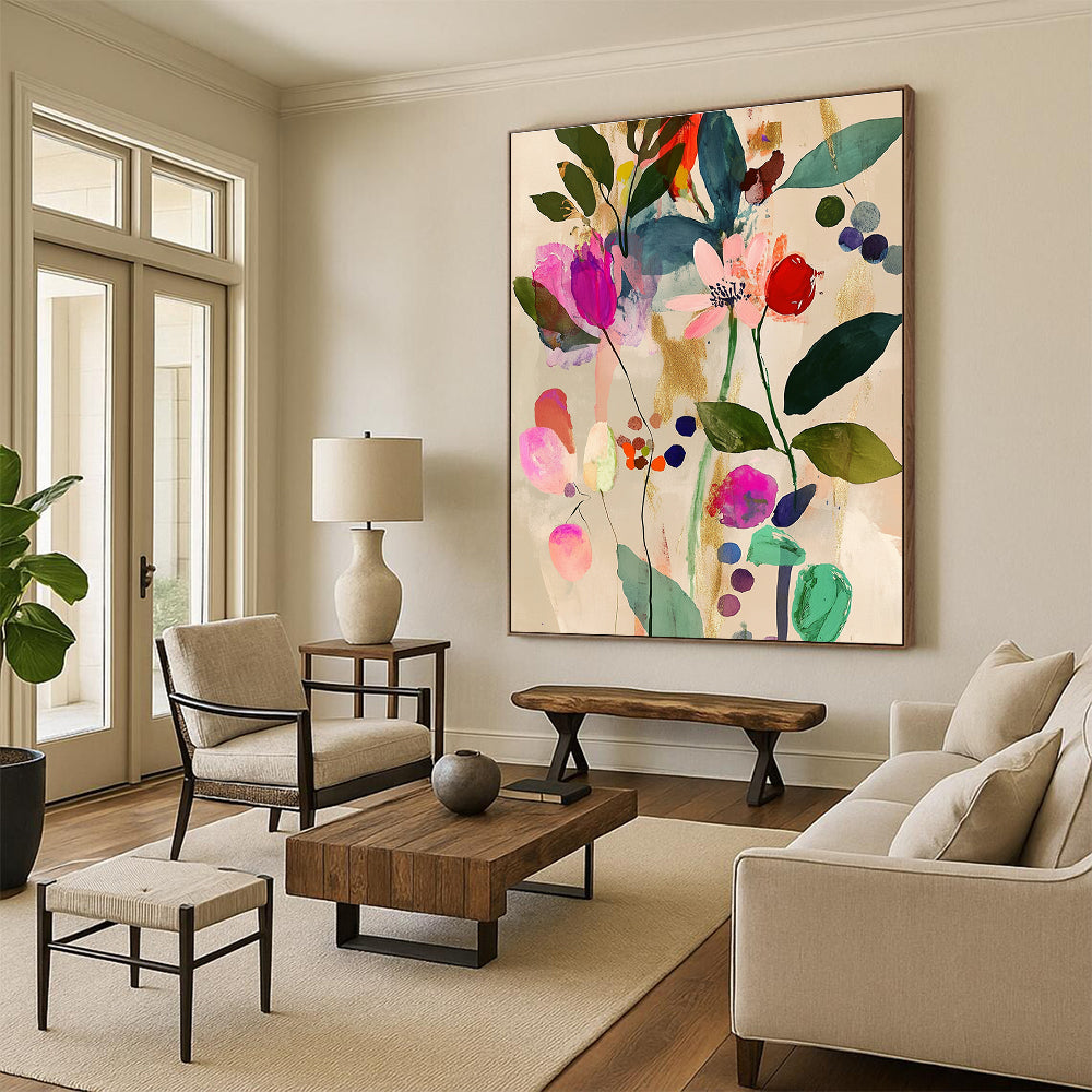 Abstract painting featuring pink and green leaves flowers and berries in a Matisse style with watercolor and gold foil on a beige background.STSC043