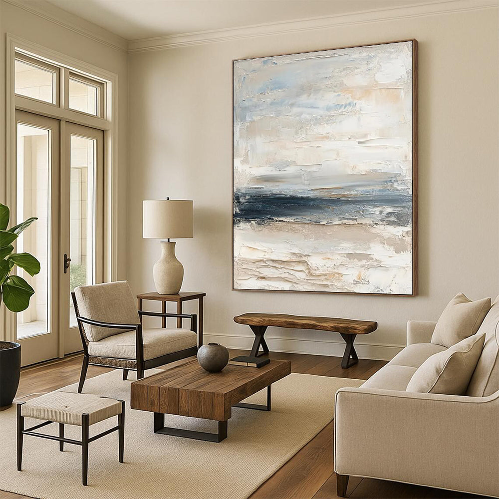 Light - toned Textured Abstract Painting with Beige and Blue ADGE298