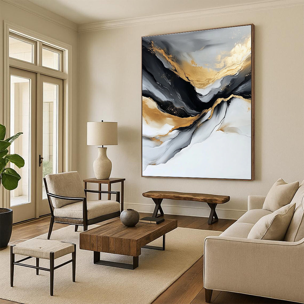 Gold Black and Gray Abstract Painting with Flowing Lines GER417