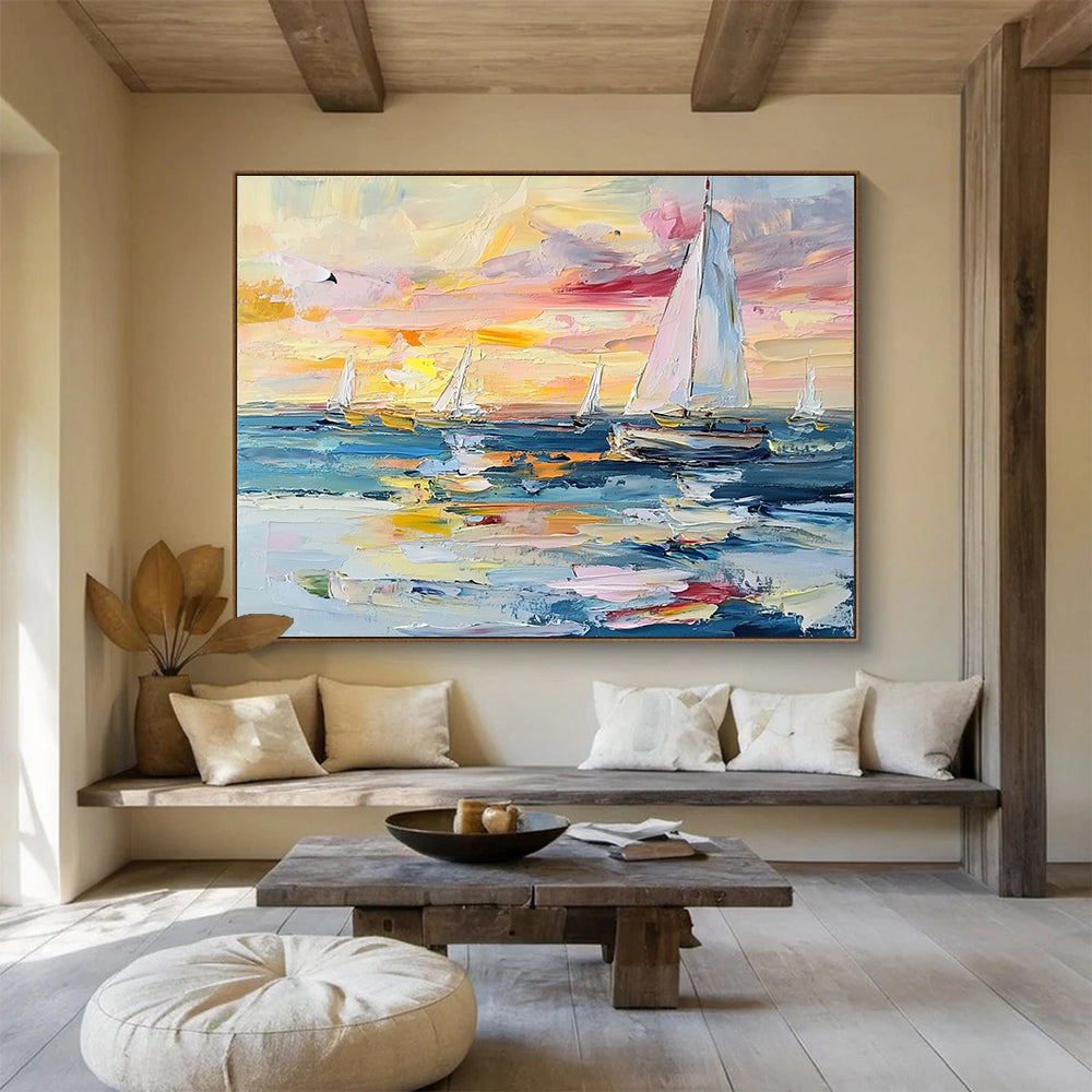 Sailboats at Sunset Colorful Abstract Painting with Vivid Sky Hues DYP603